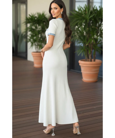 Comprar vestido midi branco canelado feminino com detalhes jeans botões elegante verão barato promoção ZARA