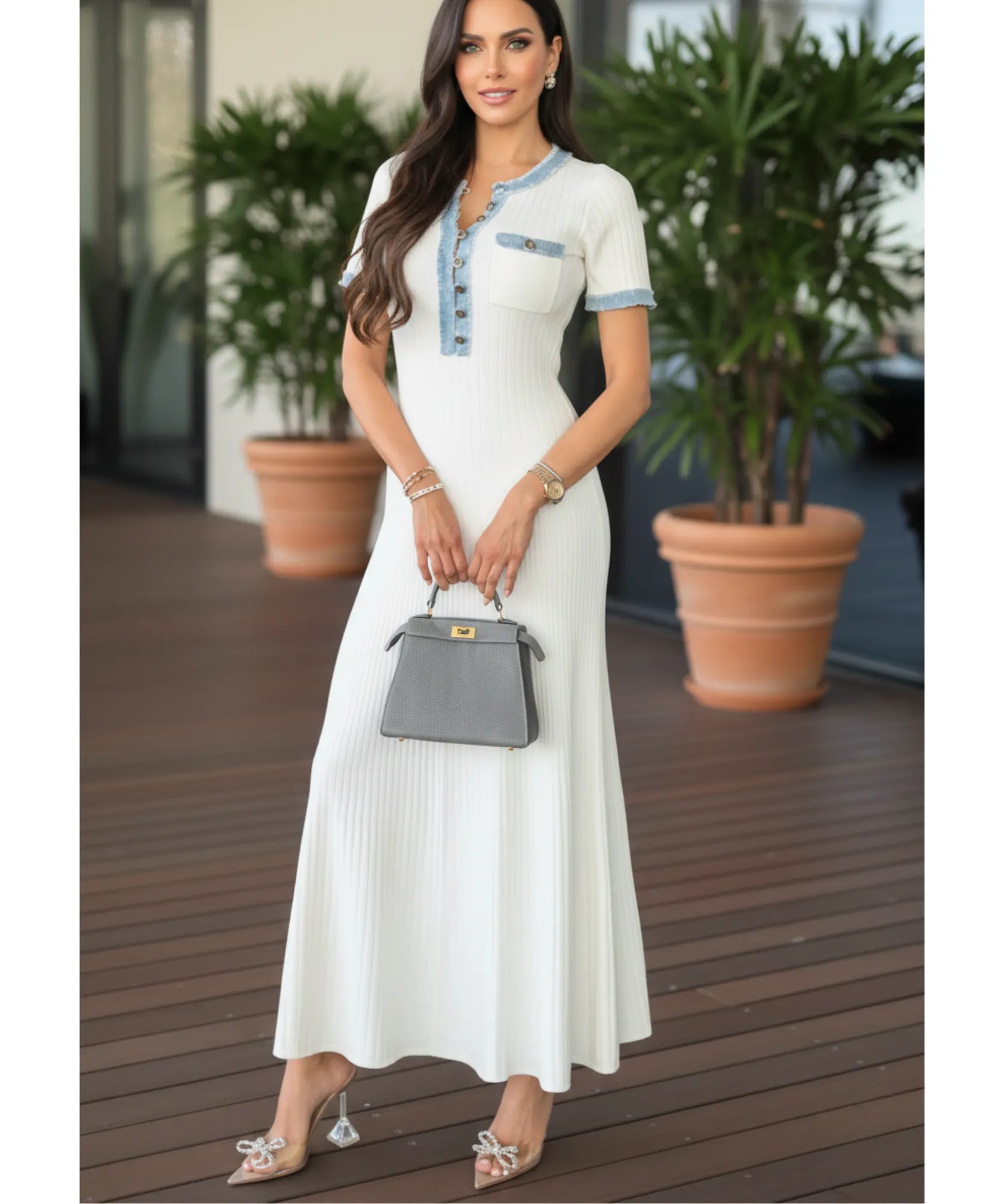Comprar vestido midi branco canelado feminino com detalhes jeans botões elegante verão barato promoção ZARA