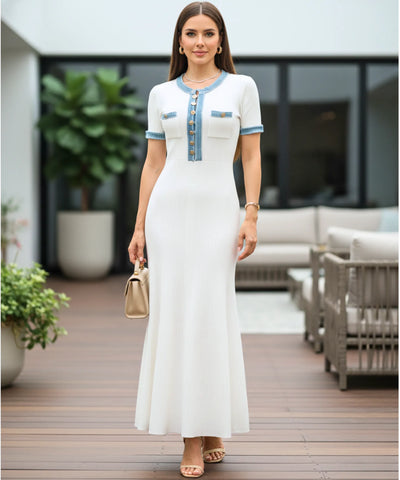 Vestido Midi Branco Canelado Feminino Elegante Verão | Lua