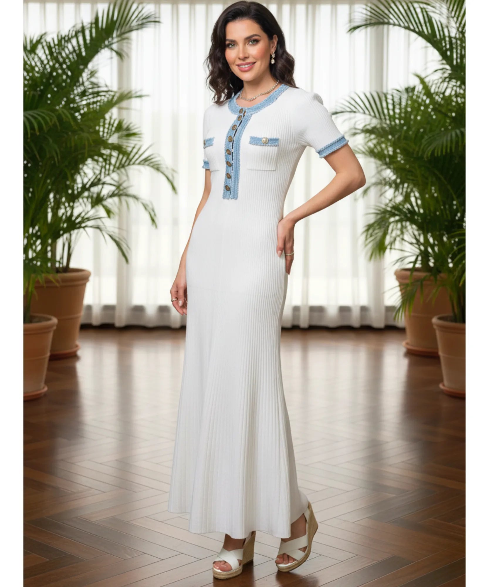 Comprar vestido midi branco canelado feminino com detalhes jeans botões elegante verão barato promoção ZARA