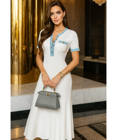 Comprar vestido midi branco canelado feminino com detalhes jeans botões elegante verão barato promoção ZARA
