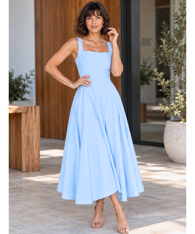 Comprar vestido midi casual evasê decote quadrado azul serenity barato Anellimn