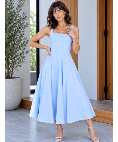 Comprar vestido midi casual saia rodada azul serenity barato Anellimn