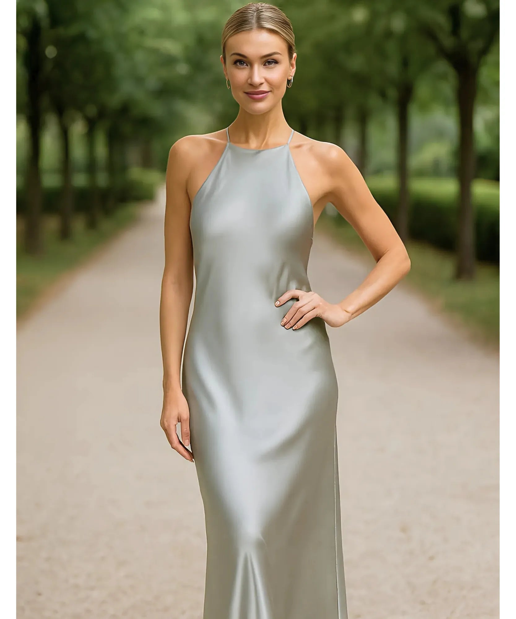 Comprar vestido midi cetim premium cinza com alças cruzadas nas costas para casamentos formaturas e eventos especiais em promoção LADY DRESS
