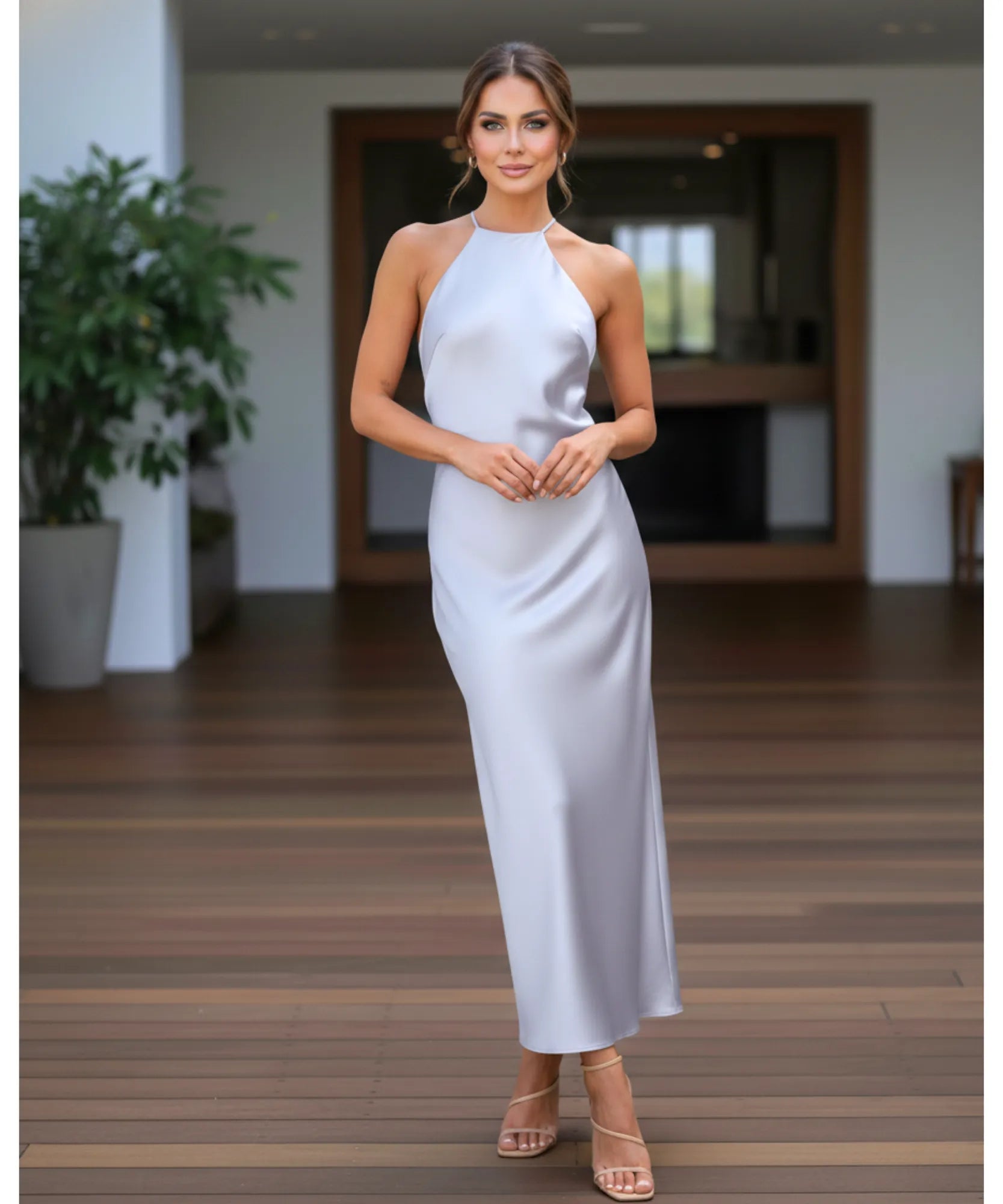 Comprar vestido midi cetim premium com alças cruzadas nas costas para casamentos formaturas e eventos especiais em promoção LADY DRESS