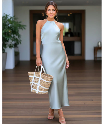 Comprar vestido midi cetim premium com alças cruzadas nas costas para casamentos formaturas e eventos especiais em promoção LADY DRESS