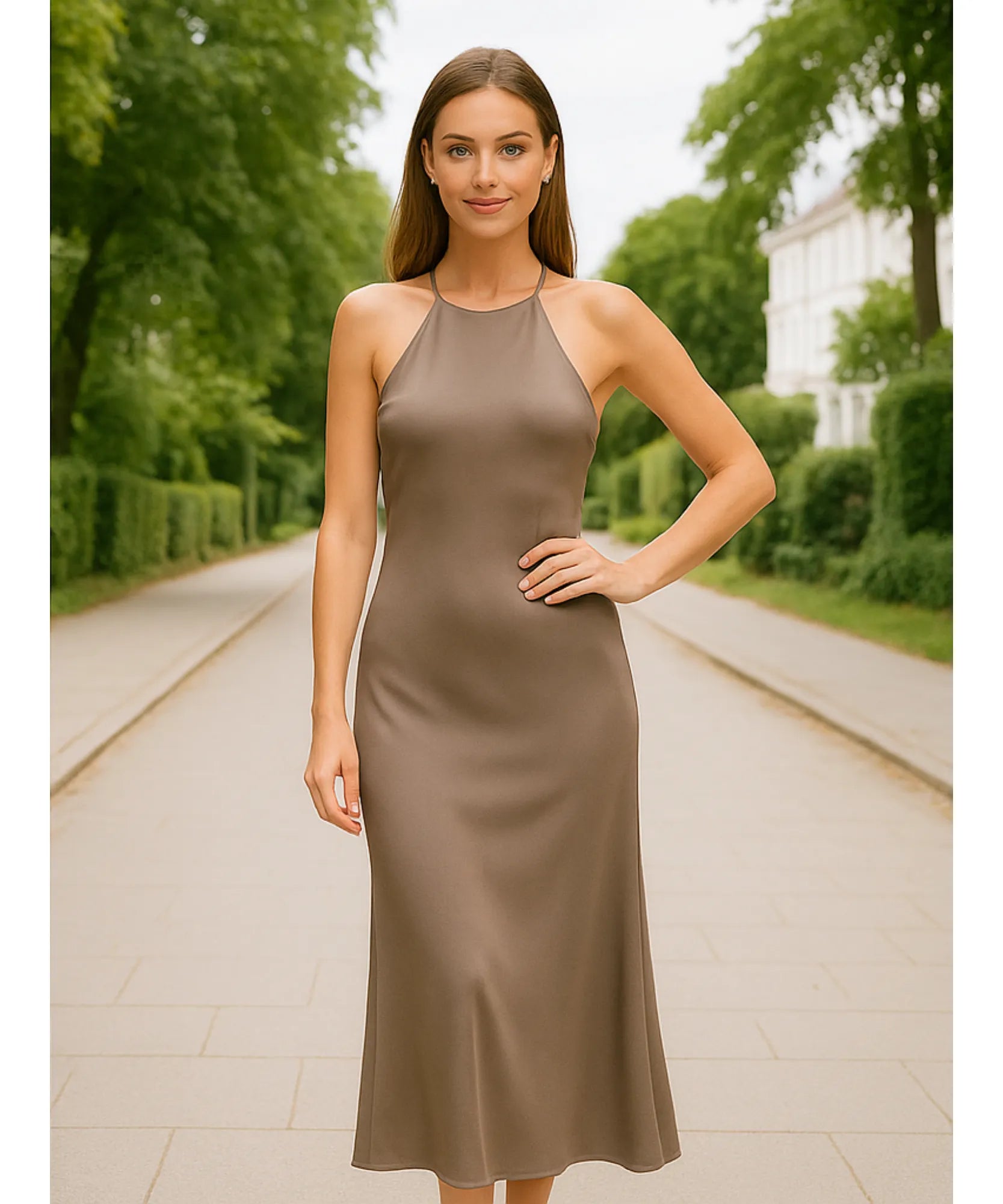 Comprar vestido midi cetim premium marrom com alças cruzadas nas costas para casamentos formaturas e eventos especiais em promoção LADY DRESS
