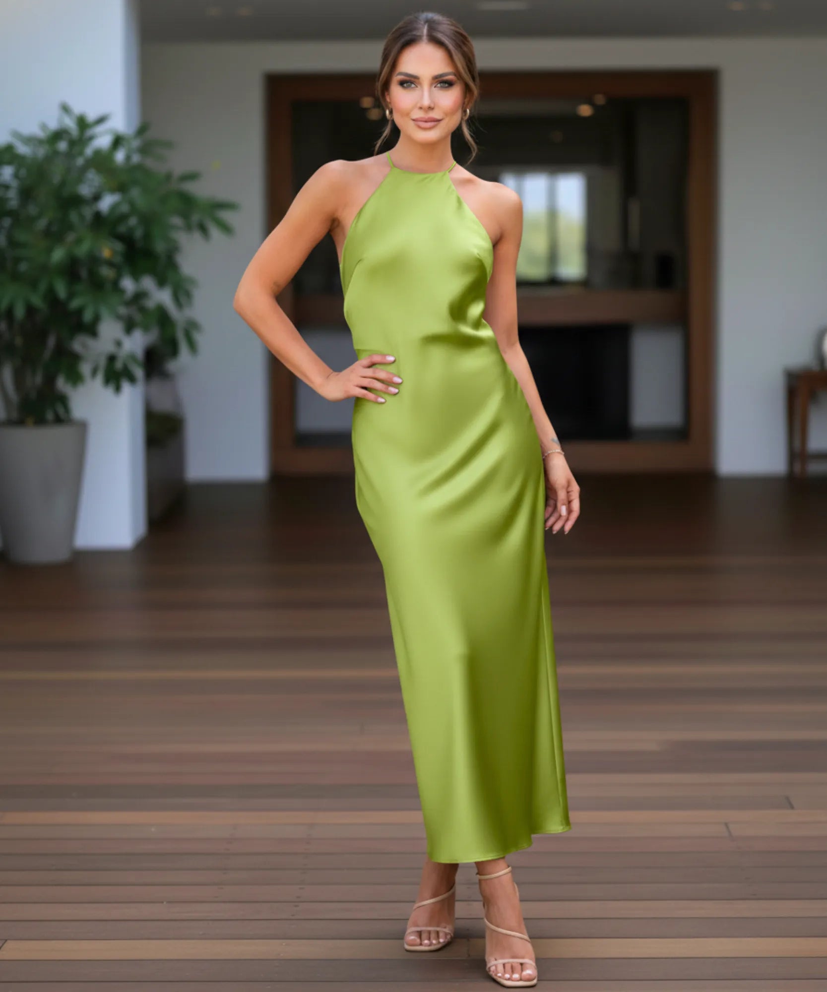 Comprar vestido midi cetim premium com alças cruzadas nas costas para casamentos formaturas e eventos especiais em promoção LADY DRESS
