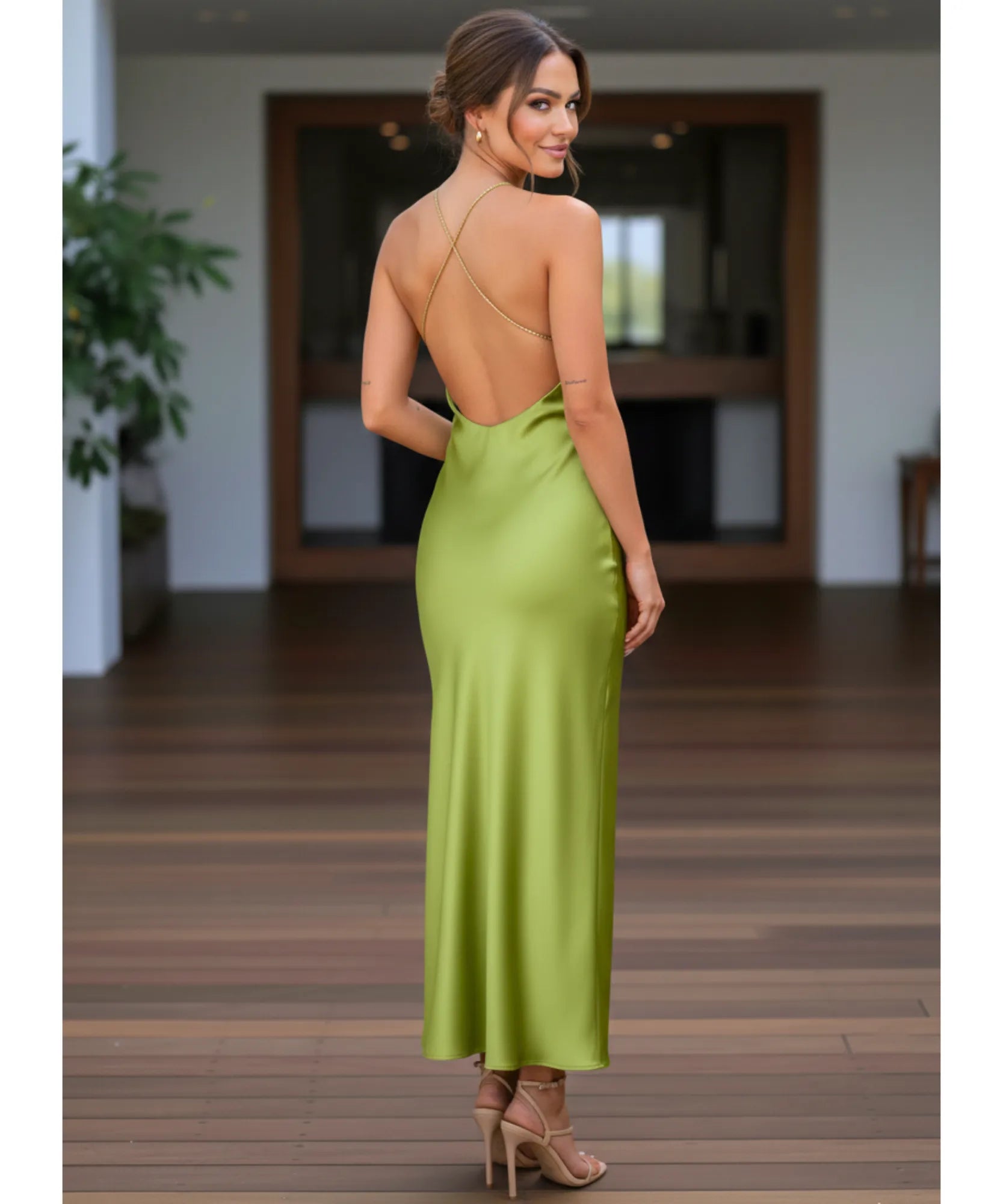Comprar vestido midi cetim premium com alças cruzadas nas costas para casamentos formaturas e eventos especiais em promoção LADY DRESS