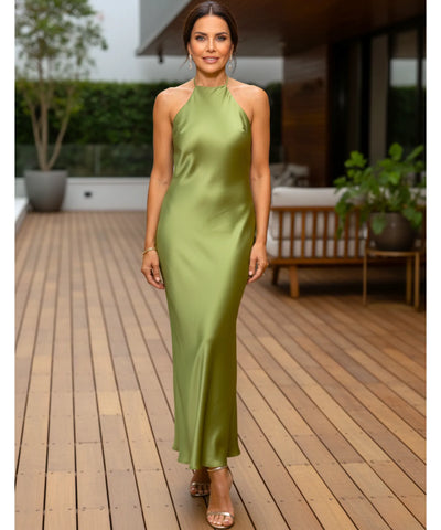 Comprar vestido midi cetim premium com alças cruzadas nas costas para casamentos formaturas e eventos especiais em promoção LADY DRESS