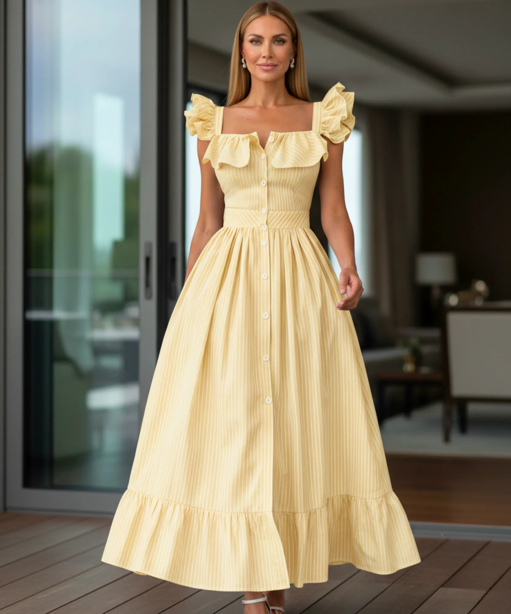 Vestido midi elegante boho listrado babados convidadas casamento dia romântico verão em promoção ZARA