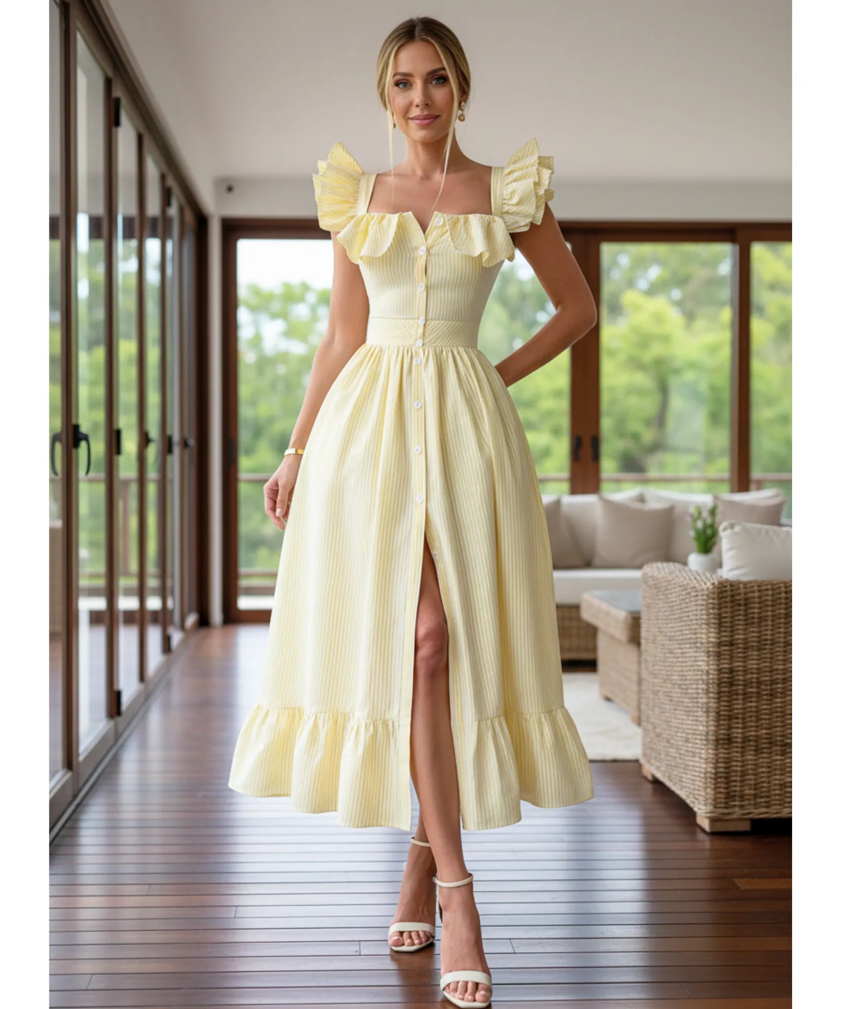 Vestido midi elegante boho listrado babados convidadas casamento dia romântico verão em promoção ZARA