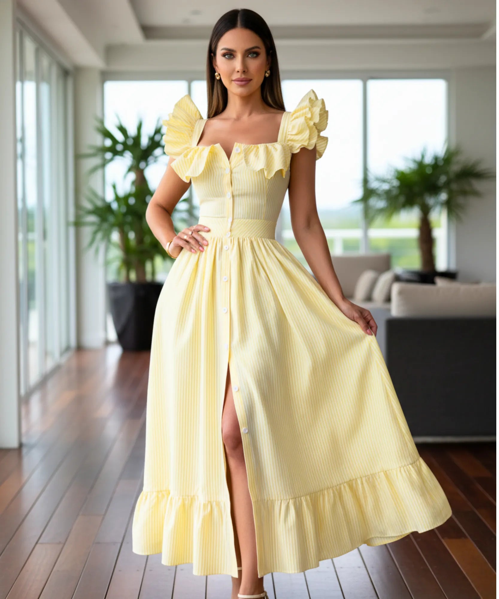 Vestido midi elegante boho listrado babados convidadas casamento dia romântico verão em promoção ZARA