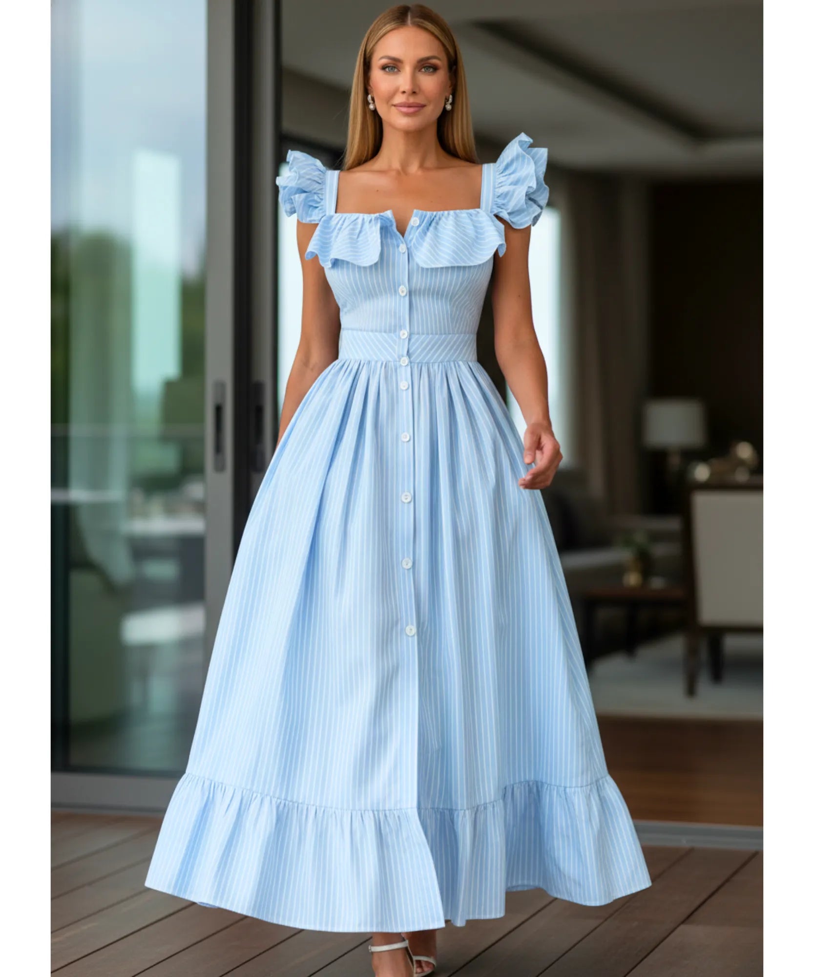 Vestido midi elegante boho listrado babados convidadas casamento dia romântico verão em promoção ZARA