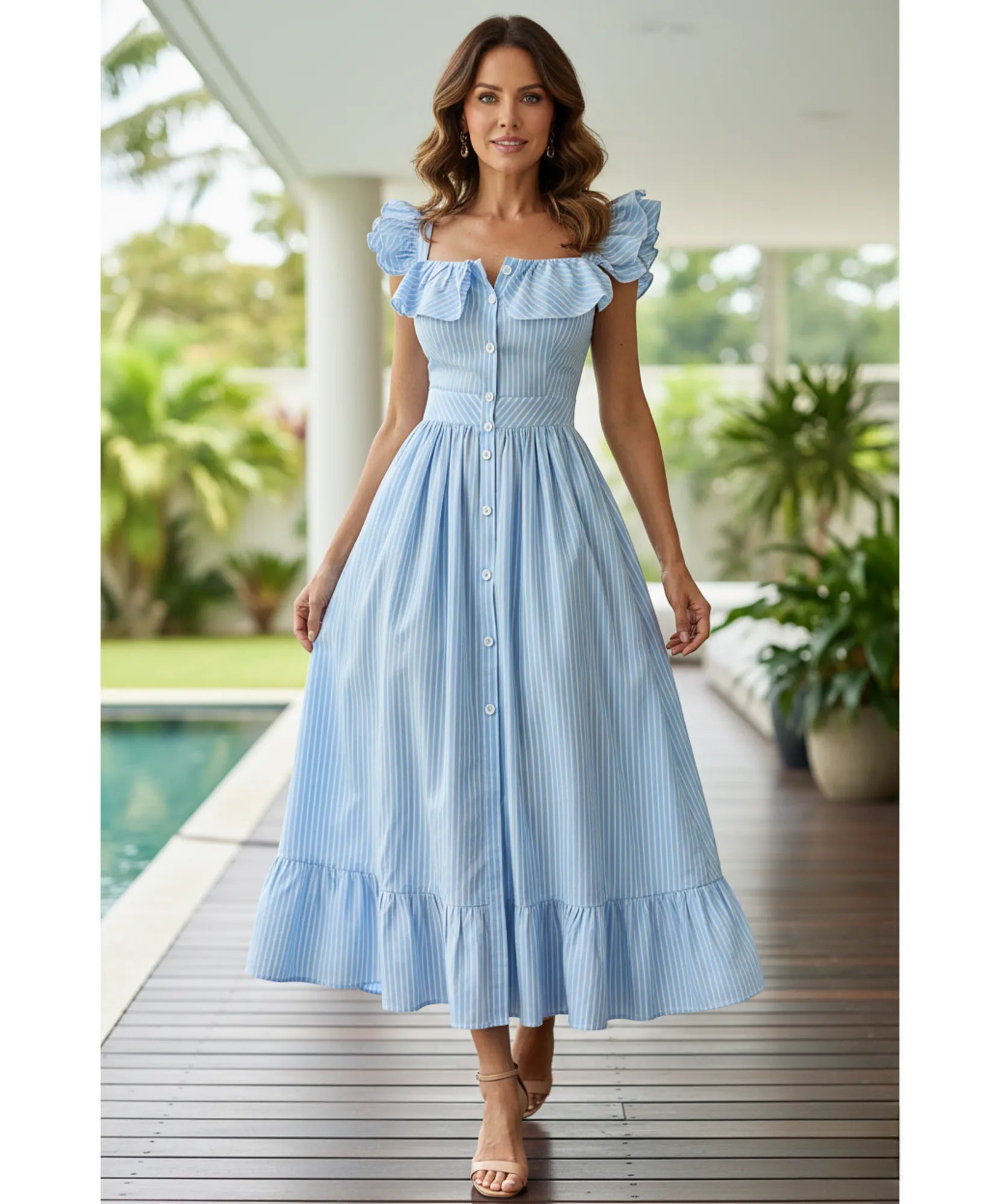Vestido midi elegante boho listrado babados convidadas casamento dia romântico verão em promoção ZARA