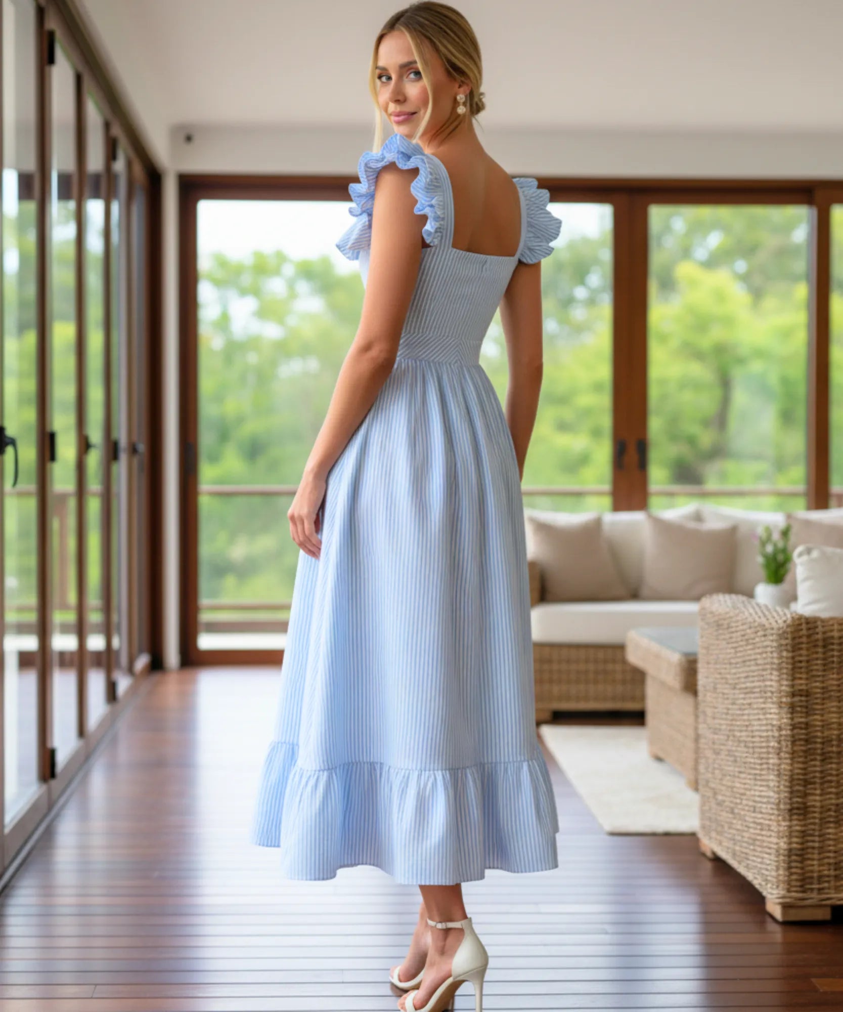 VestidVestido midi elegante boho listrado babados convidadas casamento dia romântico verão em promoção ZARAo midi elegante boho listrado babados convidadas casamento dia romântico verão em promoção ZARA