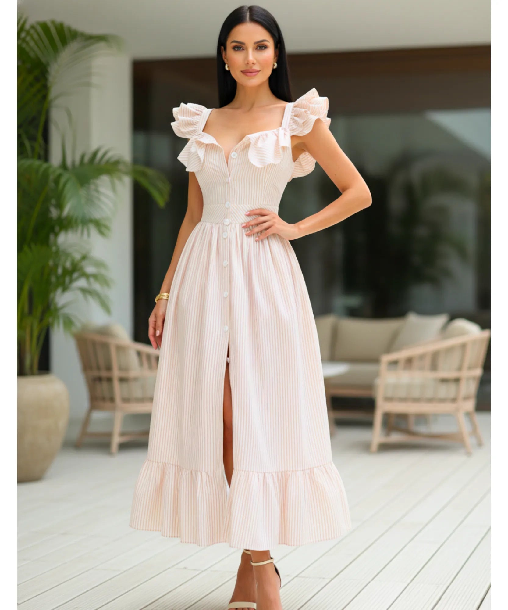 Vestido midi elegante boho listrado babados convidadas casamento dia romântico verão em promoção ZARA