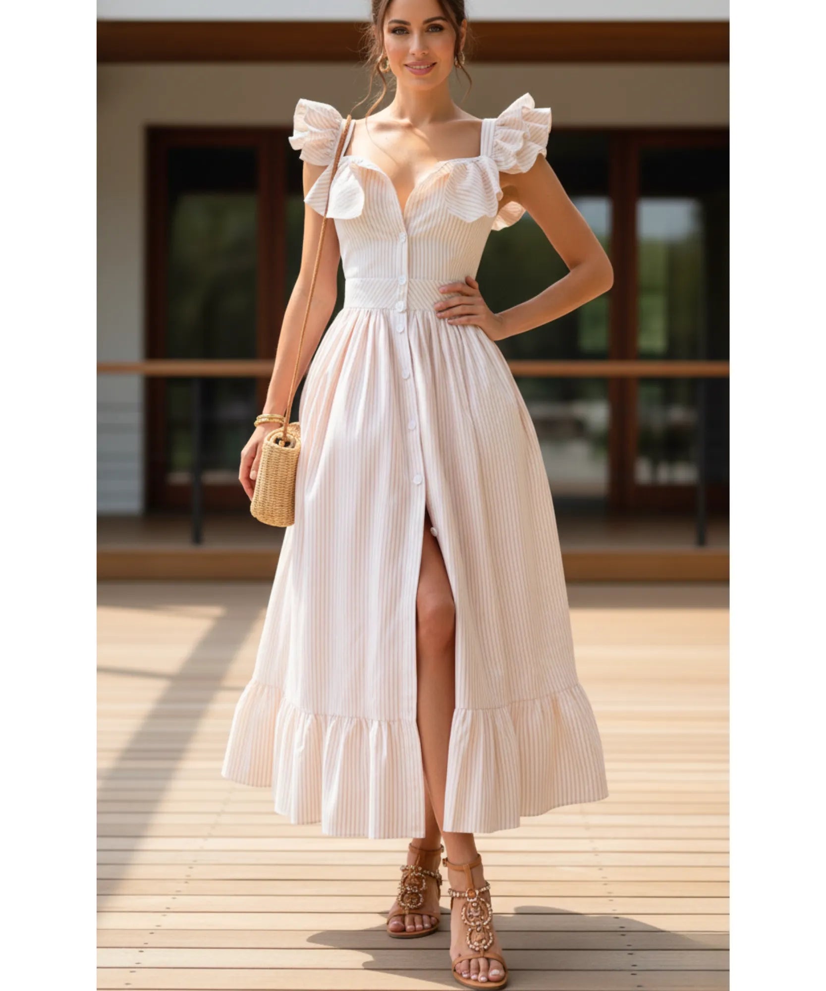 Vestido midi elegante boho listrado babados convidadas casamento dia romântico verão em promoção ZARA
