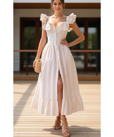 Vestido midi elegante boho listrado babados convidadas casamento dia romântico verão em promoção ZARA