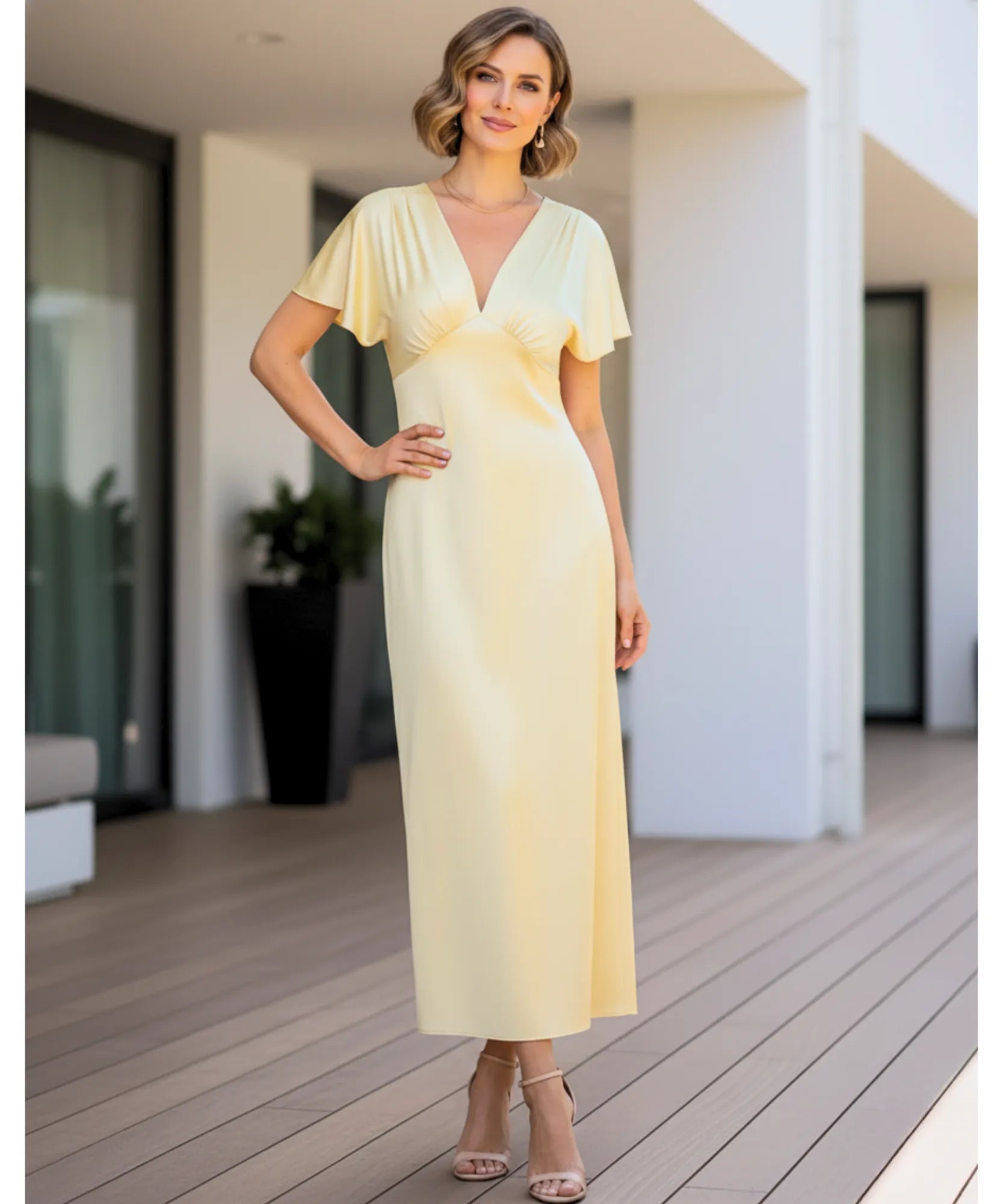 Comprar vestido midi elegante cetim decote V manga curta brilhoso festa trabalho casamento feminino em promoção LADY DRESS