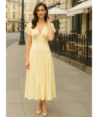 Vestido Midi Elegante Cetim Decote V Feminino | Ellie