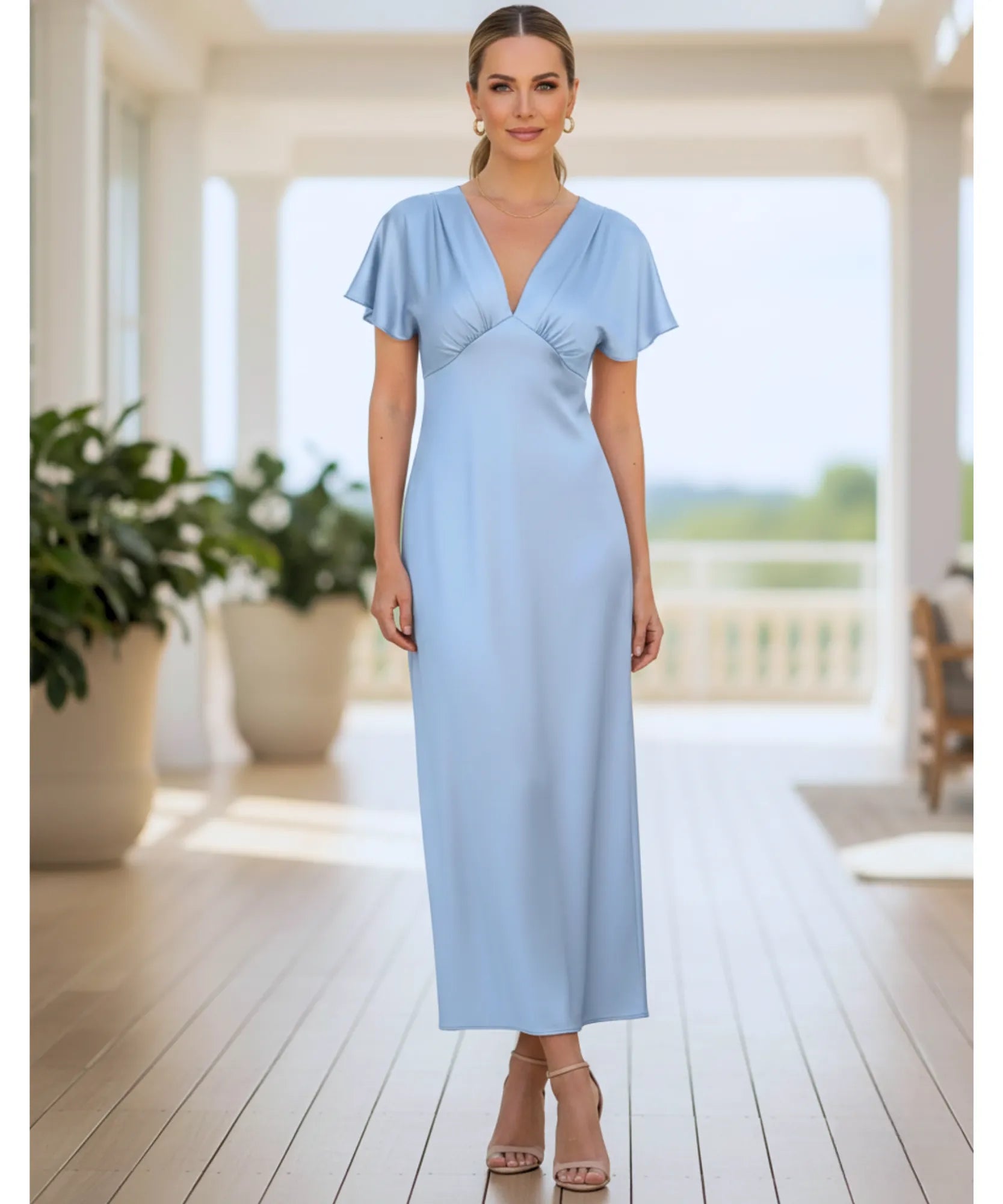 Comprar vestido midi elegante cetim decote V manga curta brilhoso festa trabalho casamento feminino em promoção LADY DRESS