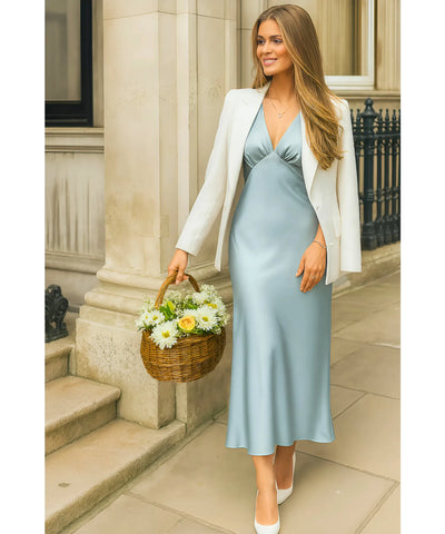 Vestido Midi Elegante Cetim Decote V Feminino | Ellie
