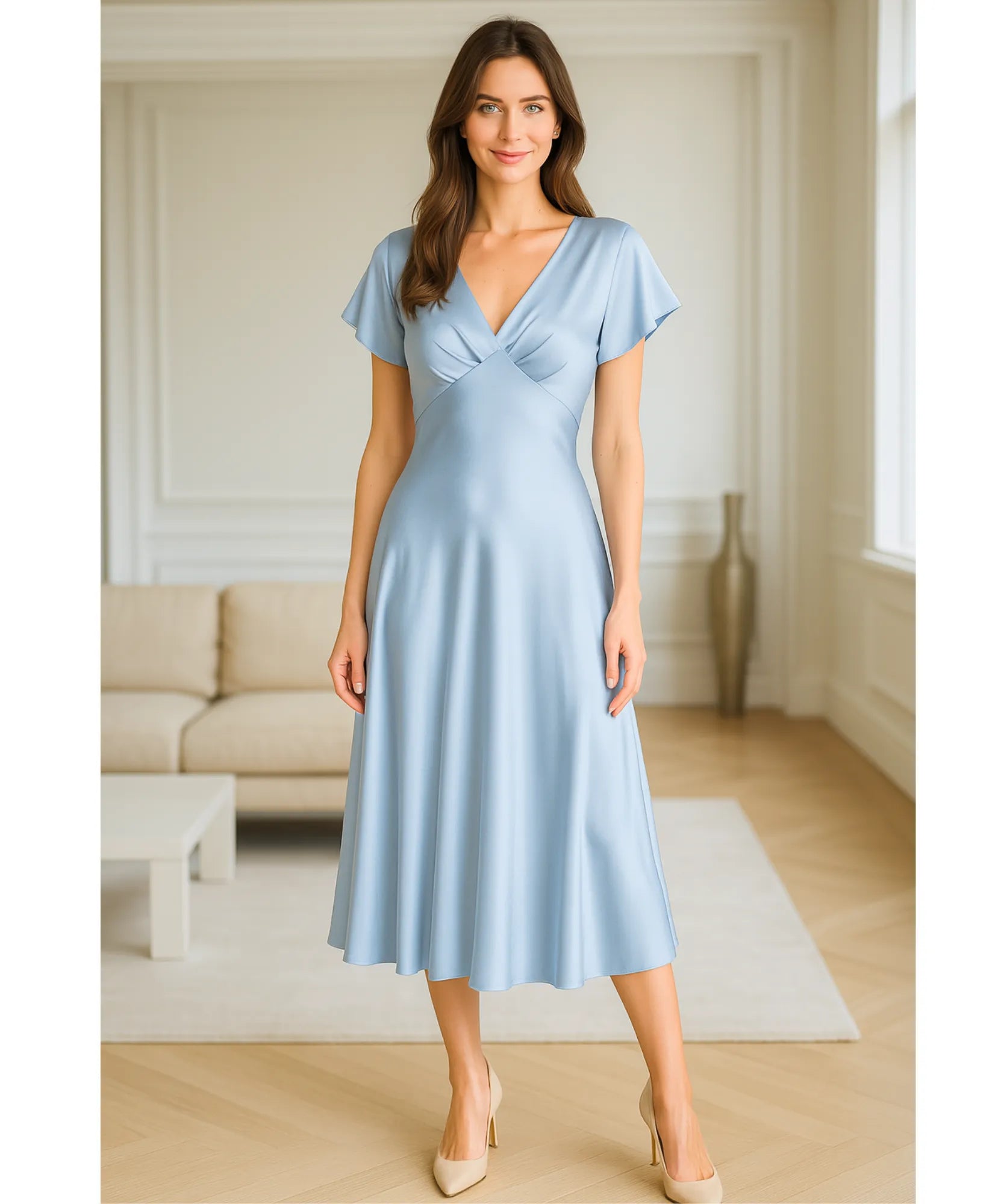 Comprar vestido midi elegante cetim azul decote V manga curta brilhoso festa trabalho casamento feminino em promoção LADY DRESS
