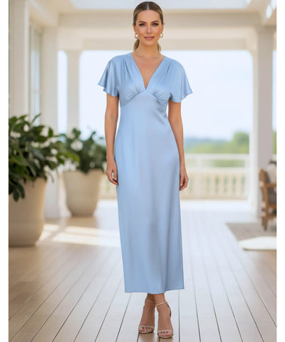Comprar vestido midi elegante cetim decote V manga curta brilhoso festa trabalho casamento feminino em promoção LADY DRESS