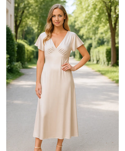 Vestido Midi Elegante Cetim Decote V Feminino | Ellie
