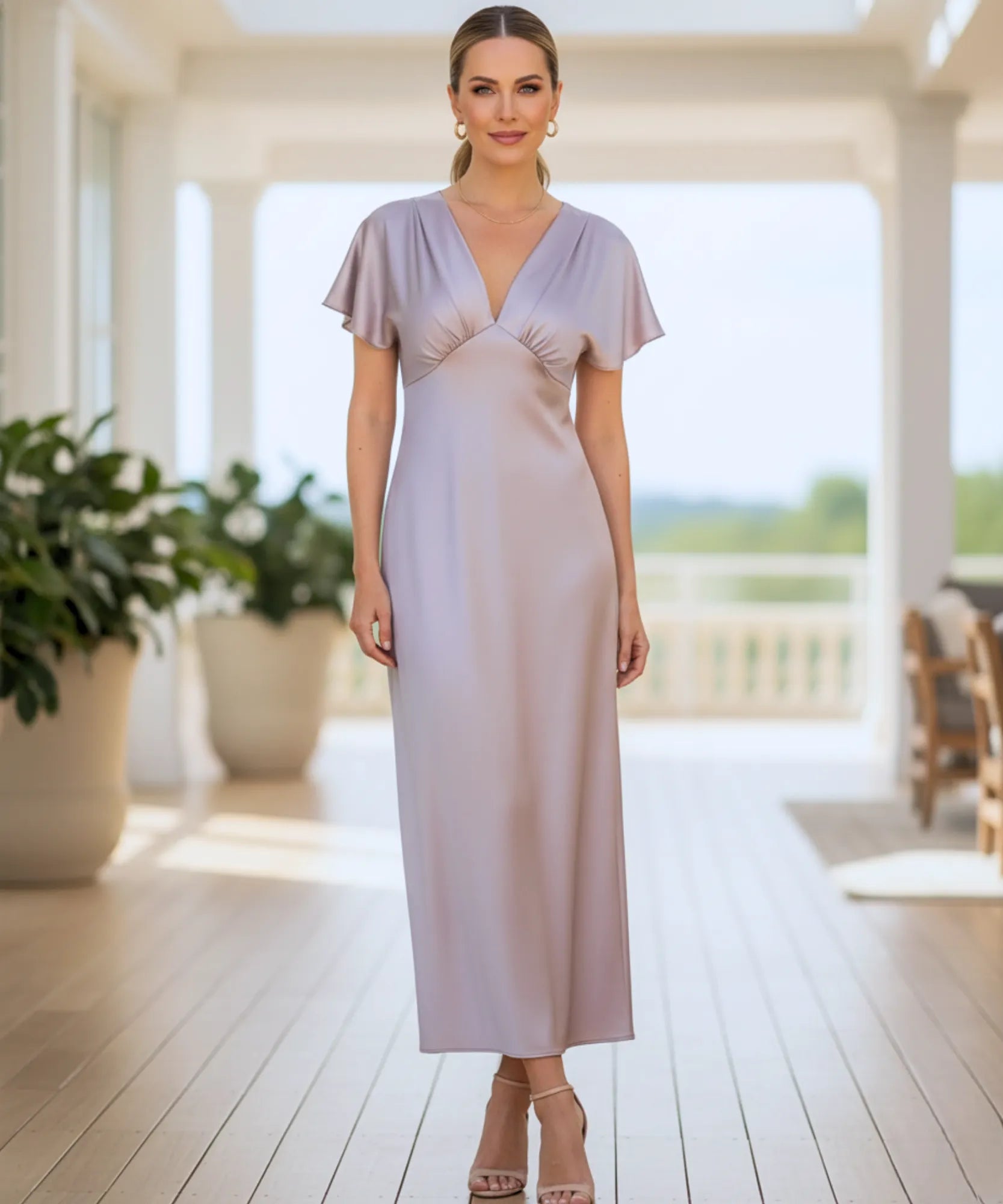 Comprar vestido midi elegante cetim decote V manga curta brilhoso festa trabalho casamento feminino em promoção LADY DRESS