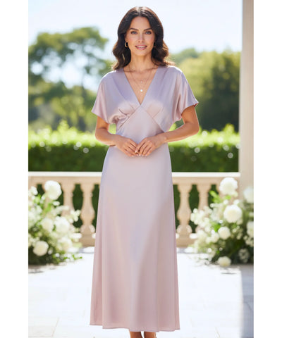 Vestido Midi Elegante Cetim Decote V Feminino | Ellie