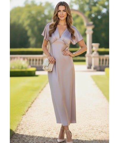 Vestido Midi Elegante Cetim Decote V Feminino | Ellie