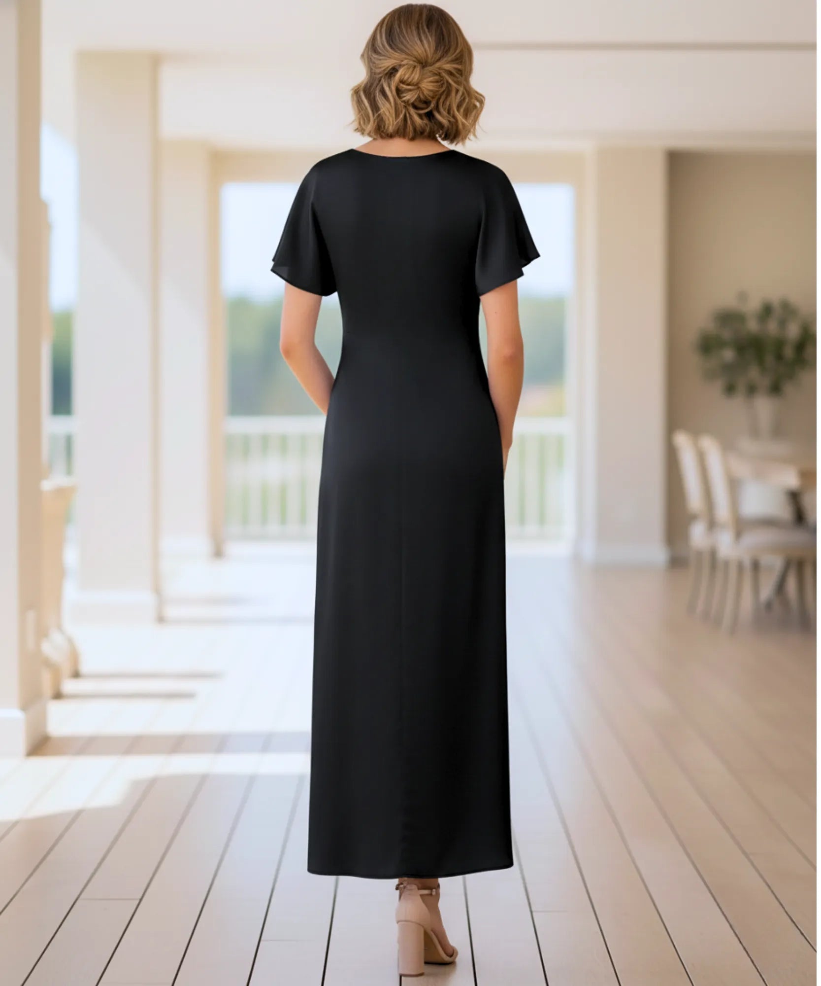 Comprar vestido midi elegante cetim decote V manga curta brilhoso festa trabalho casamento feminino em promoção LADY DRESS