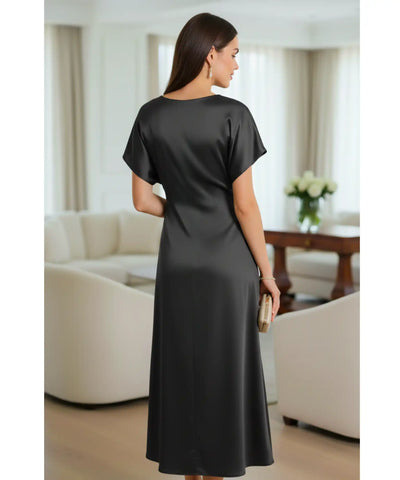 Vestido Midi Elegante Cetim Decote V Feminino | Ellie