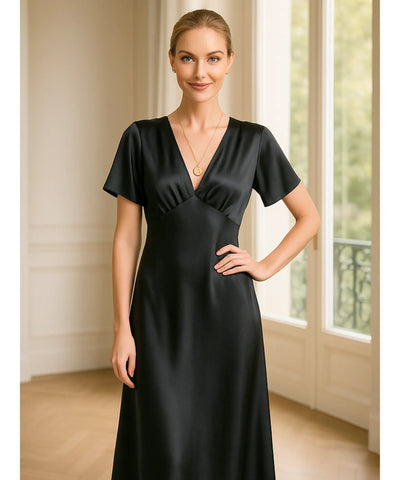 Comprar vestido midi elegante cetim preto decote V manga curta brilhoso festa trabalho casamento feminino em promoção LADY DRESS
