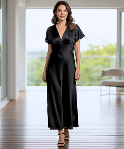 Comprar vestido midi elegante cetim decote V manga curta brilhoso festa trabalho casamento feminino em promoção LADY DRESS