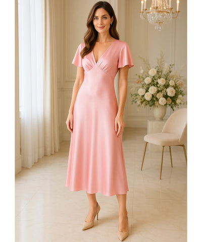 Comprar vestido midi elegante rosa verde decote V manga curta brilhoso festa trabalho casamento feminino em promoção LADY DRESS
