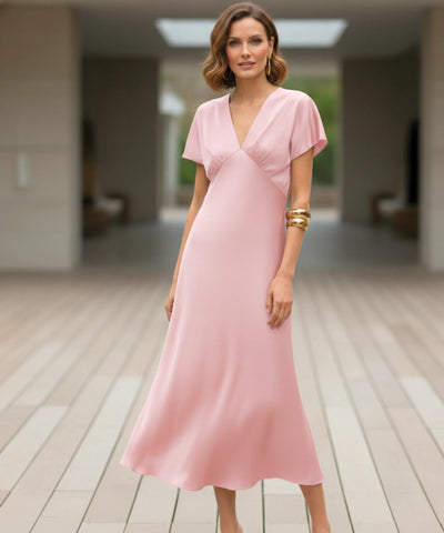 Comprar vestido midi elegante cetim decote V manga curta brilhoso festa trabalho casamento feminino em promoção LADY DRESS