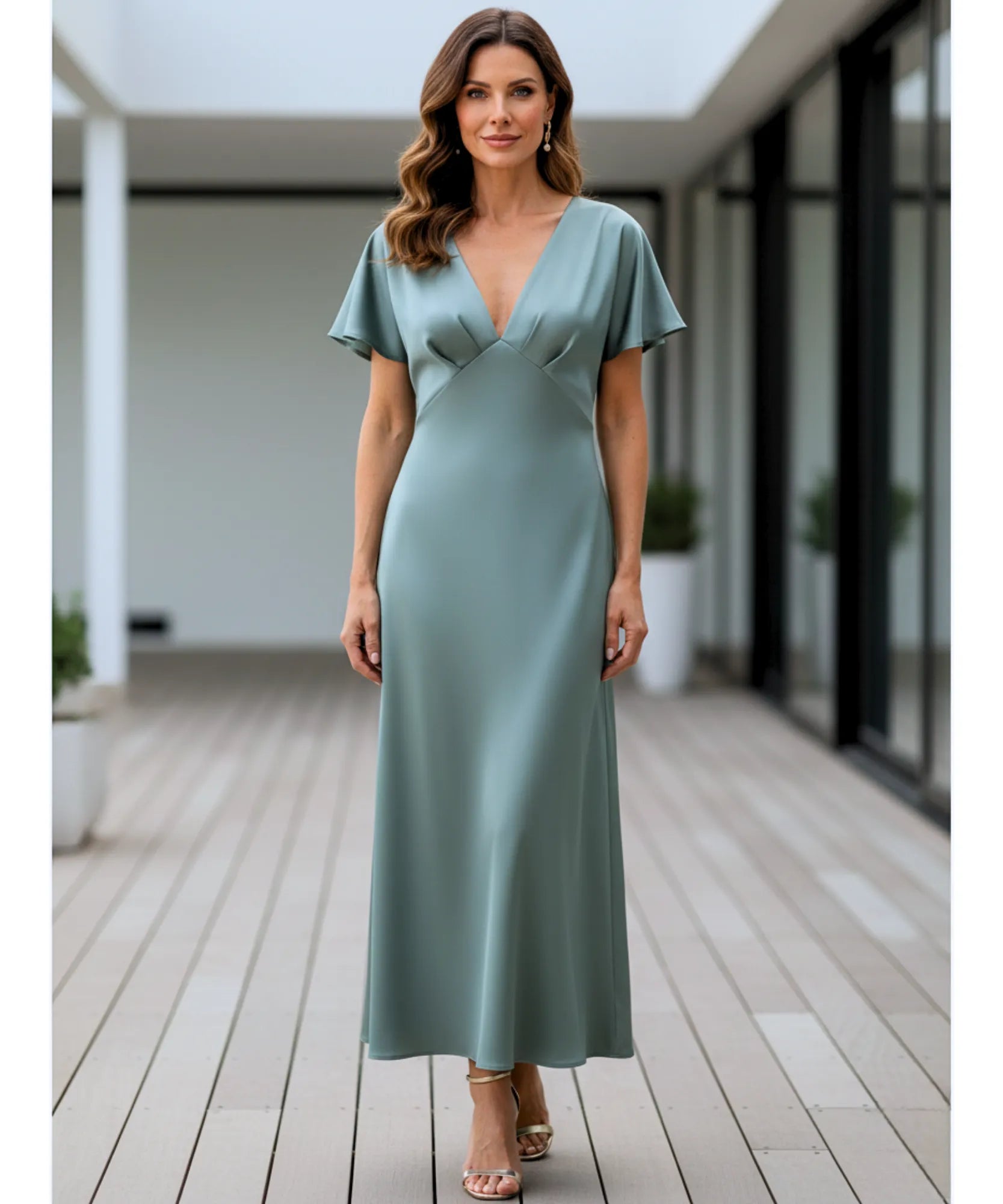 Comprar vestido midi elegante cetim decote V manga curta brilhoso festa trabalho casamento feminino em promoção LADY DRESS