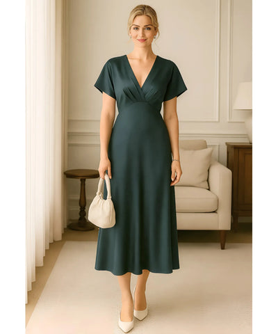 Vestido Midi Elegante Cetim Decote V Feminino | Ellie