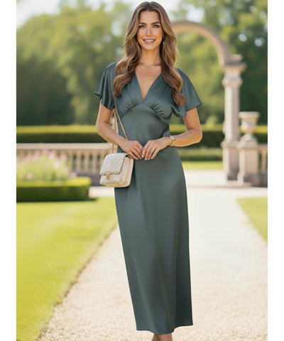 Vestido Midi Elegante Cetim Decote V Feminino | Ellie