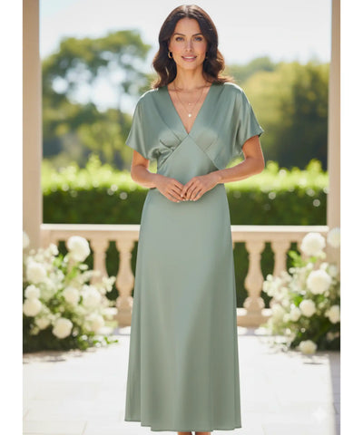 Vestido Midi Elegante Cetim Decote V Feminino | Ellie
