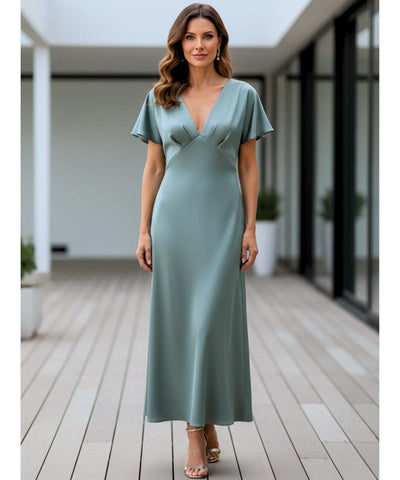 Comprar vestido midi elegante cetim decote V manga curta brilhoso festa trabalho casamento feminino em promoção LADY DRESS