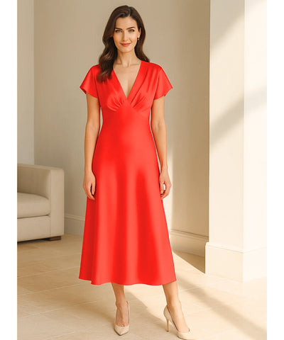 Vestido Midi Elegante Cetim Decote V Feminino | Ellie
