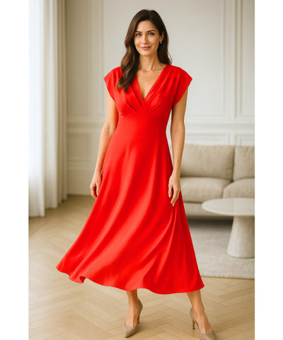 Vestido Midi Elegante Cetim Decote V Feminino | Ellie