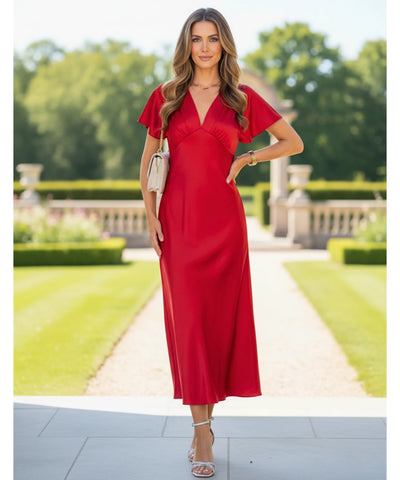Vestido Midi Elegante Cetim Decote V Feminino | Ellie