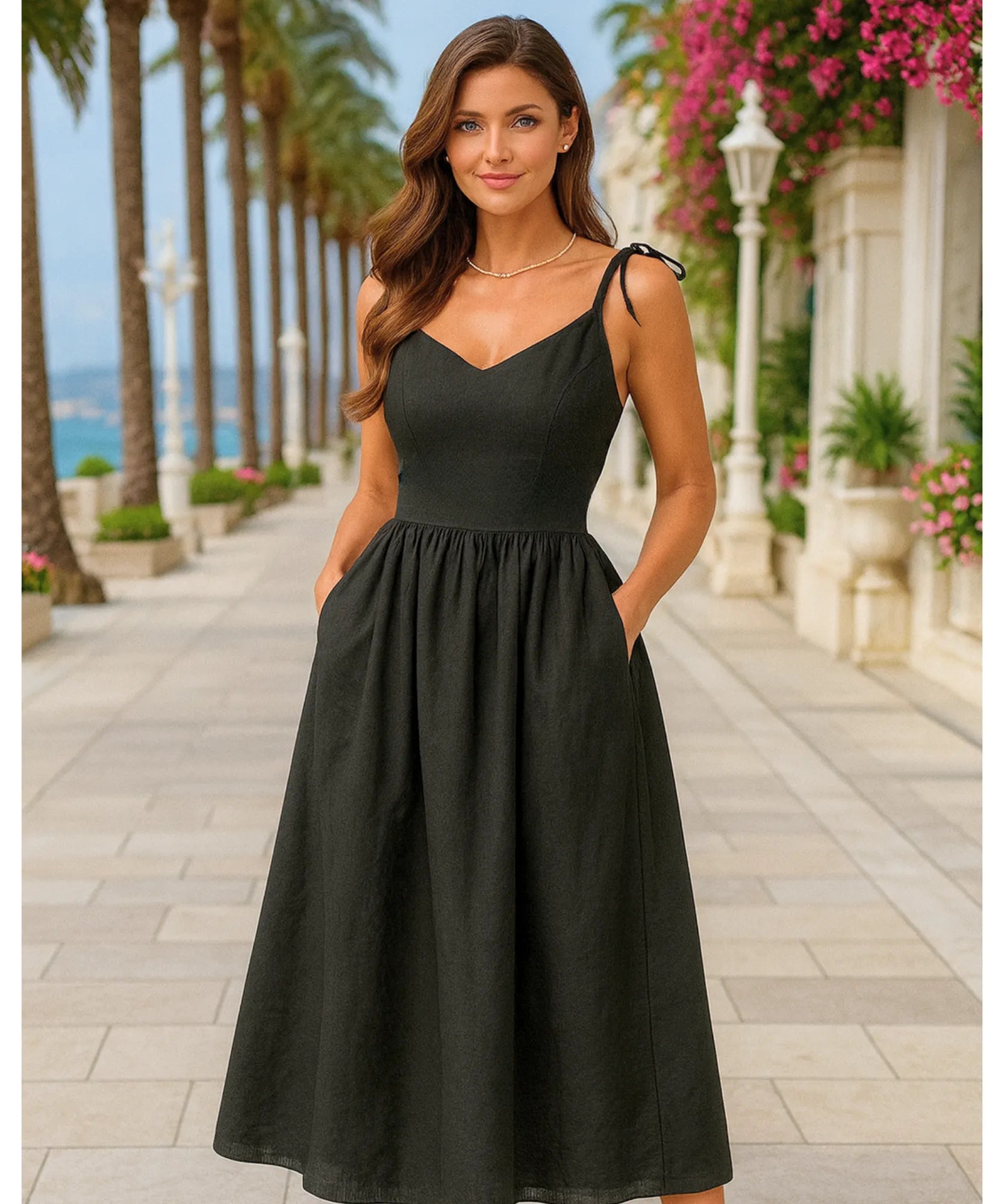 Comprar vestido midi elegante preto feminino regata boho com amarração confortável em promoção ZARA
