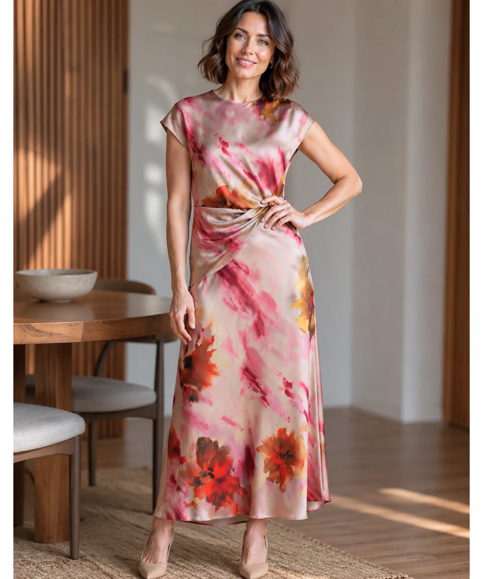 Vestido midi estampado de cetim floral em look de dia com scarpin