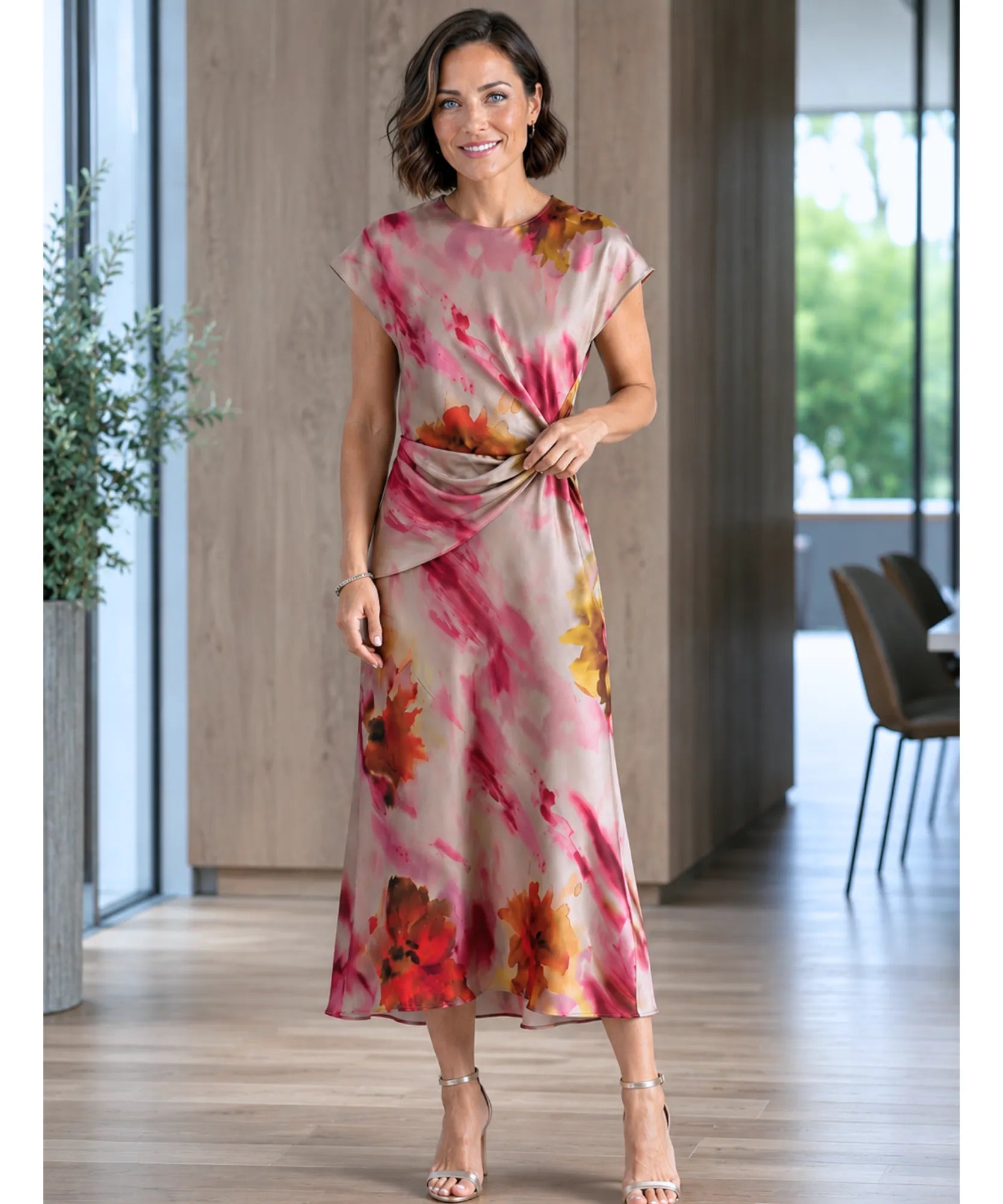 Vestido midi estampado de cetim floral com sandália de salto